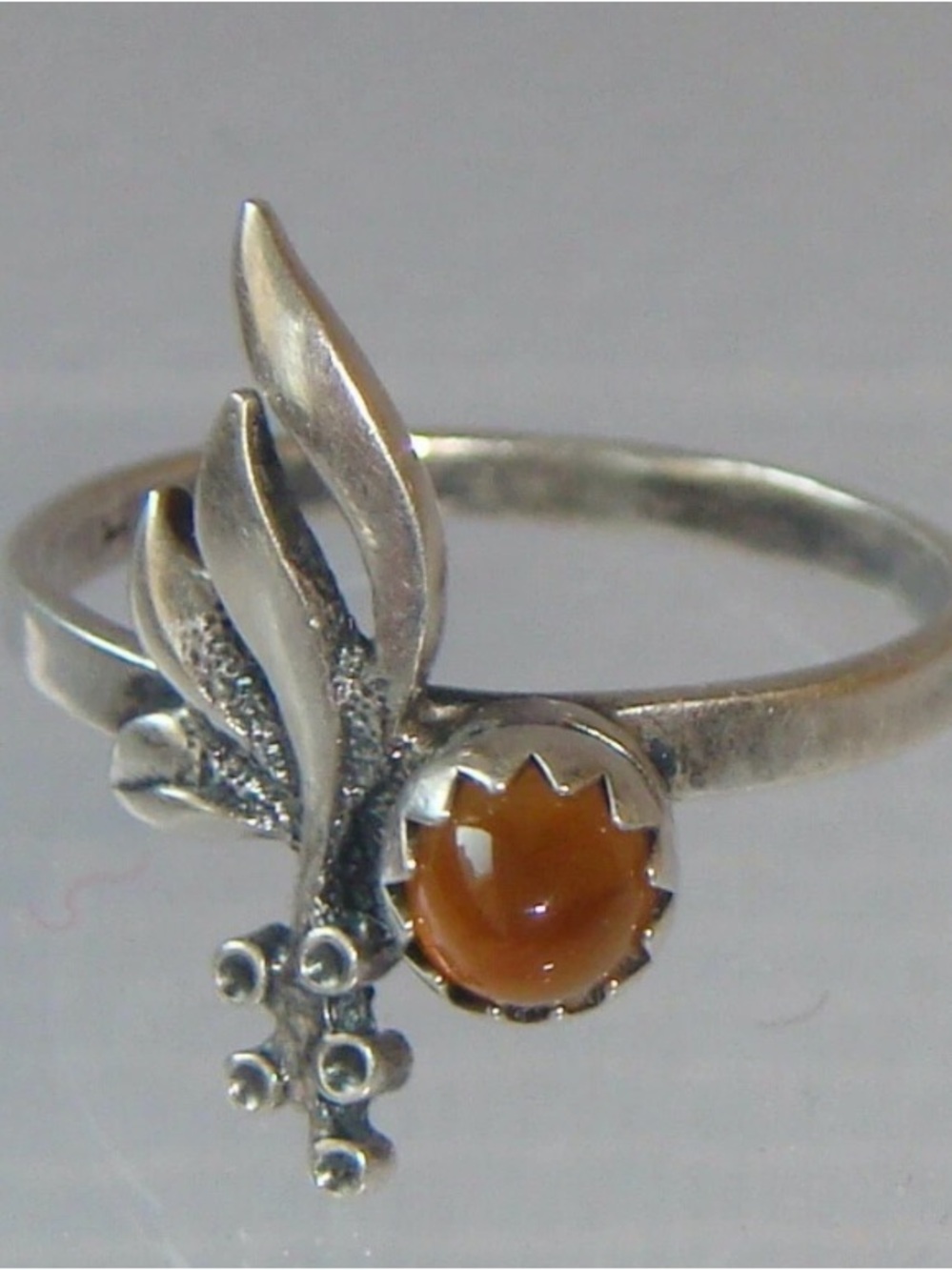 Sterling Silver Floral Ring with Amber Cabochon - Orange Stone